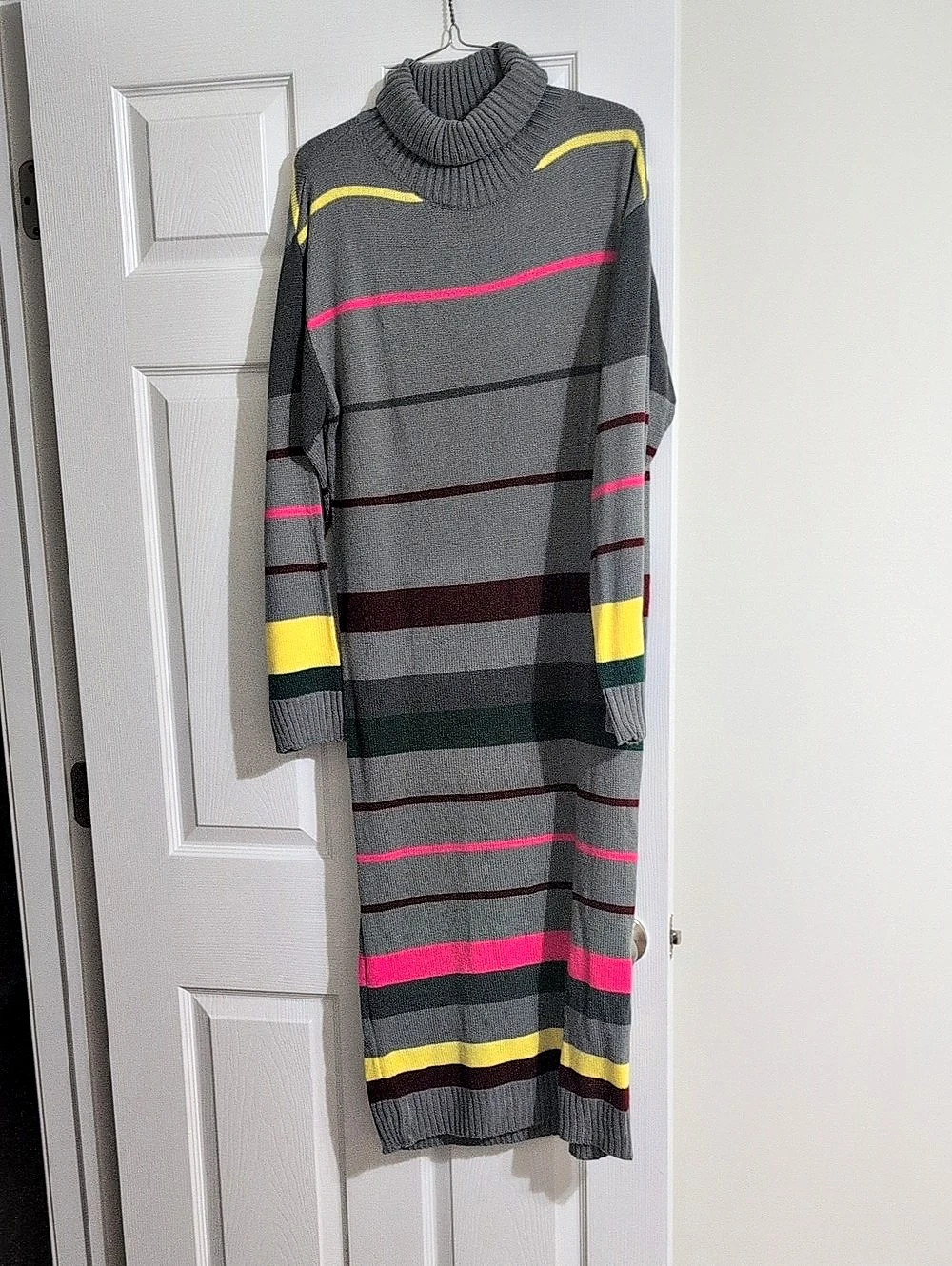 SHEIN Multi-Color Striped Turtleneck Sweater Dress Gray & Pink Large